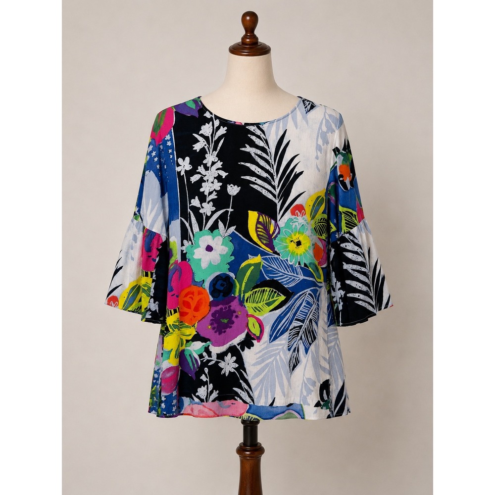 Jams World Tropical‎ Love Rayon Bell Sleeve Floral Blouse Top XS Made in Hawaii